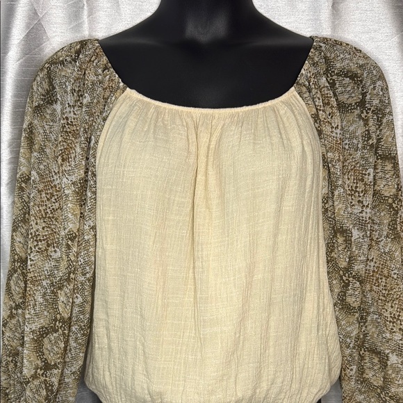 Blu Pepper Regan Balloon Sleeve Snakeskin Print Boho Brown Cream Women’s L Top - Picture 1 of 8